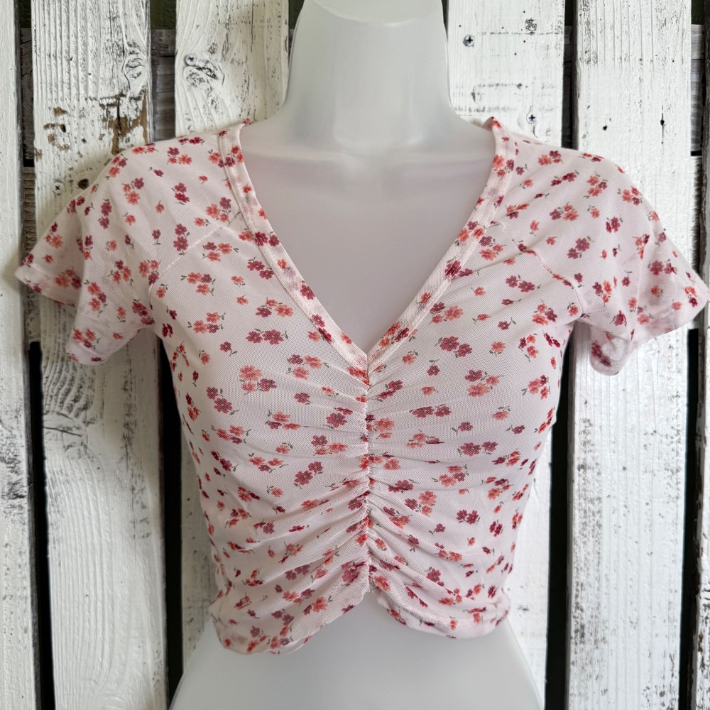 Sky & Sparrow Floral Mesh Top Ruched V Neck Short Sleeve Crop Top XS Boho Whimsy